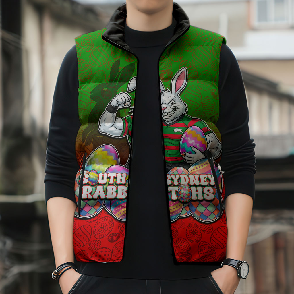 Personalized South Sydney Rabbitohs Sleeveless Puffer Jacket Easter Mascot - Colorful Eggs Cartoon Style