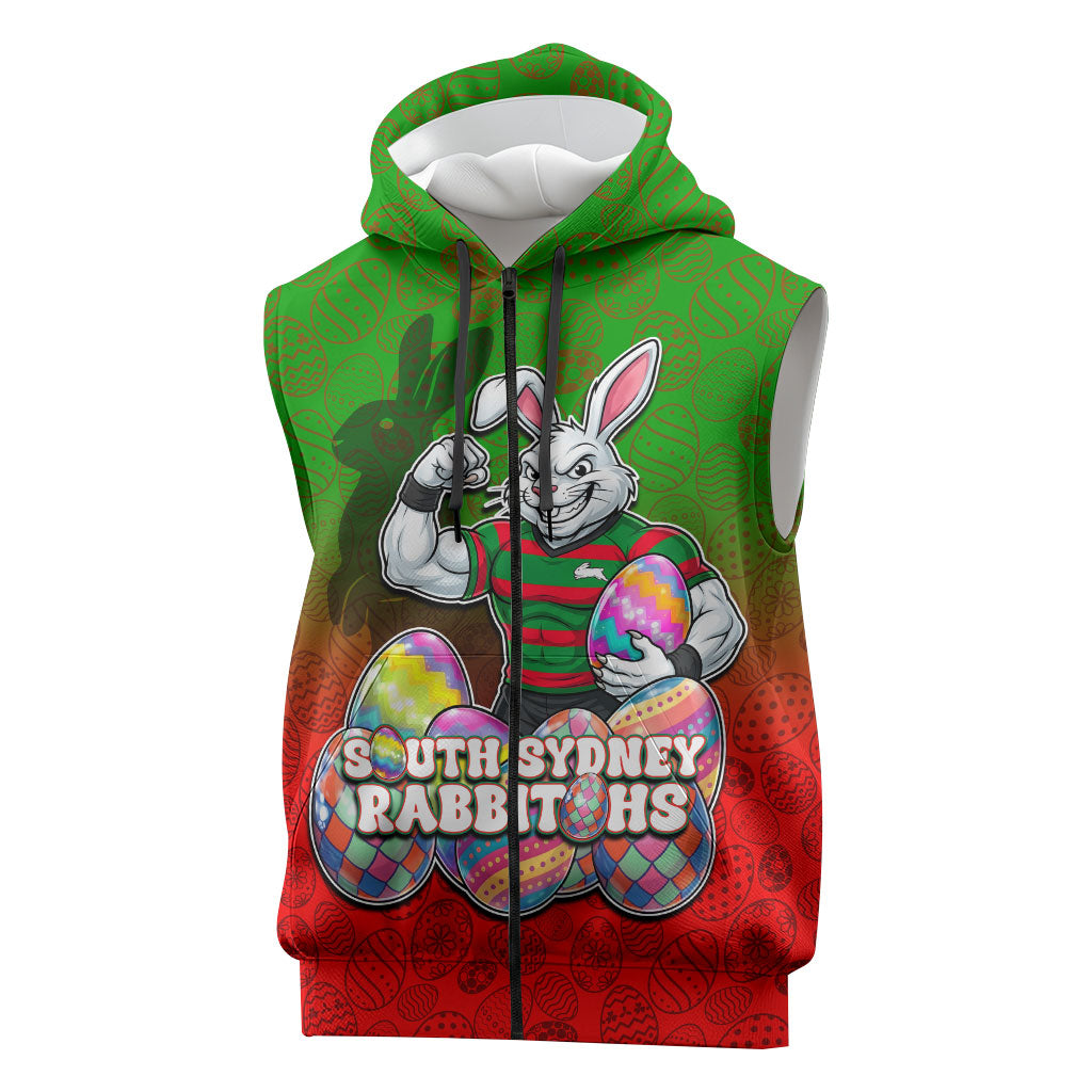 Personalized South Sydney Rabbitohs Sleeveless Zip Hoodie Easter Mascot - Colorful Eggs Cartoon Style