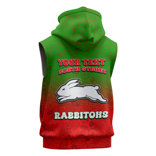 Personalized South Sydney Rabbitohs Sleeveless Zip Hoodie Easter Mascot - Colorful Eggs Cartoon Style