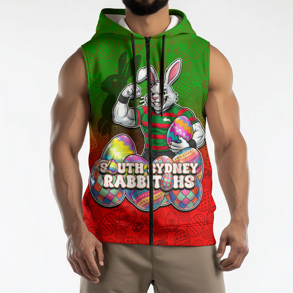 Personalized South Sydney Rabbitohs Sleeveless Zip Hoodie Easter Mascot - Colorful Eggs Cartoon Style