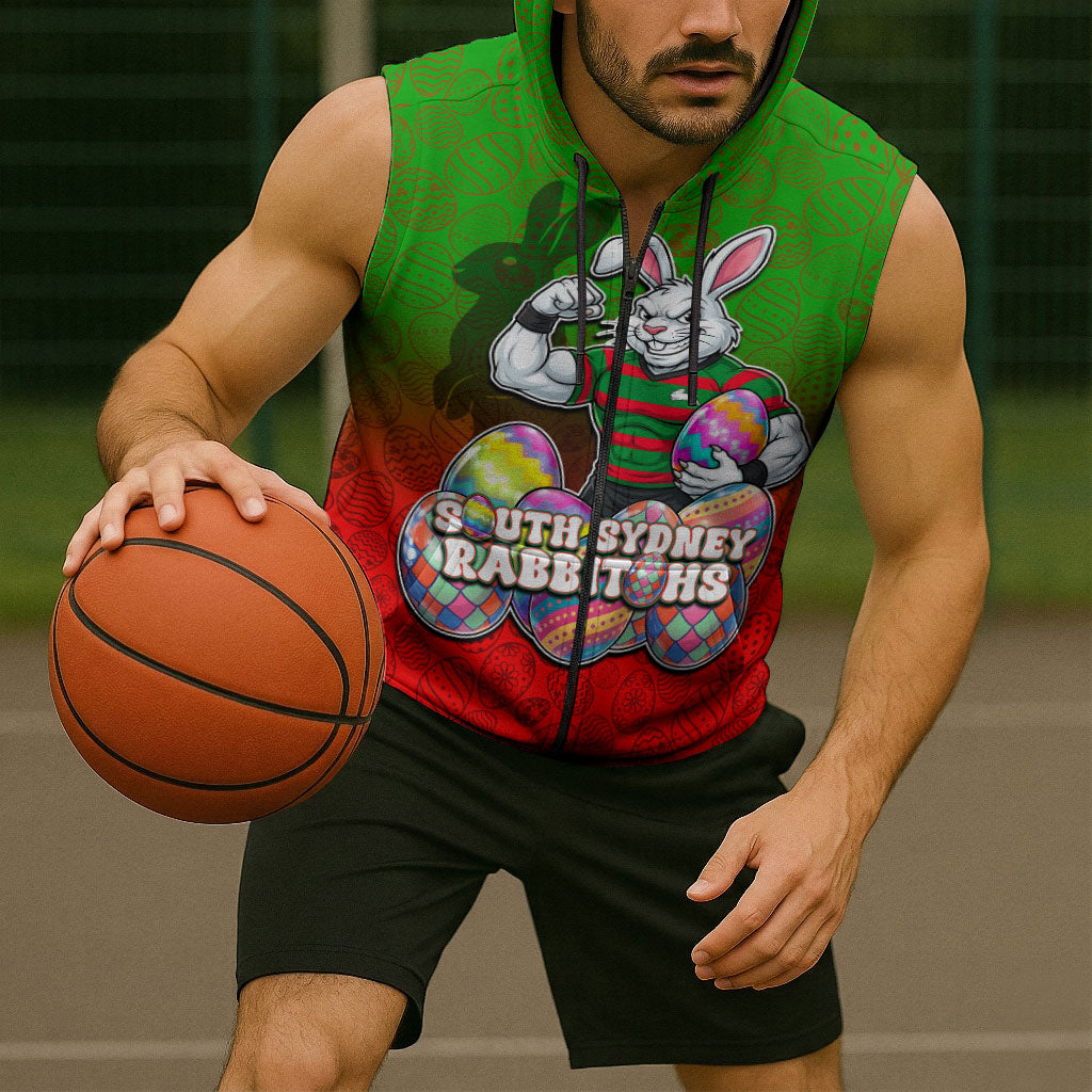 Personalized South Sydney Rabbitohs Sleeveless Zip Hoodie Easter Mascot - Colorful Eggs Cartoon Style