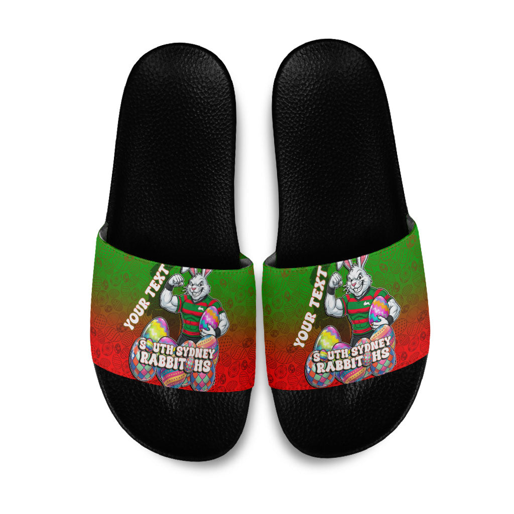 Personalized South Sydney Rabbitohs Slide Sandals Easter Mascot - Colorful Eggs Cartoon Style