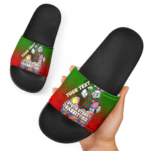 Personalized South Sydney Rabbitohs Slide Sandals Easter Mascot - Colorful Eggs Cartoon Style