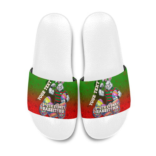 Personalized South Sydney Rabbitohs Slide Sandals Easter Mascot - Colorful Eggs Cartoon Style