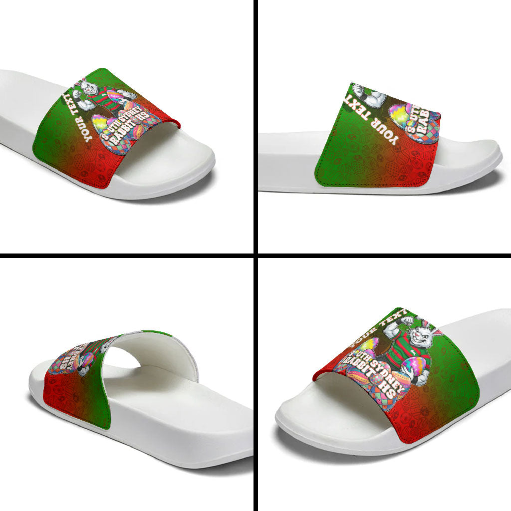 Personalized South Sydney Rabbitohs Slide Sandals Easter Mascot - Colorful Eggs Cartoon Style
