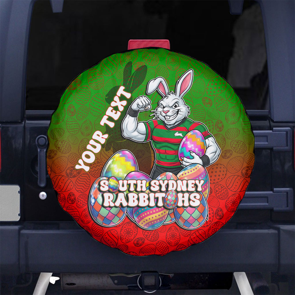 Personalized South Sydney Rabbitohs Spare Tire Cover Easter Mascot - Colorful Eggs Cartoon Style