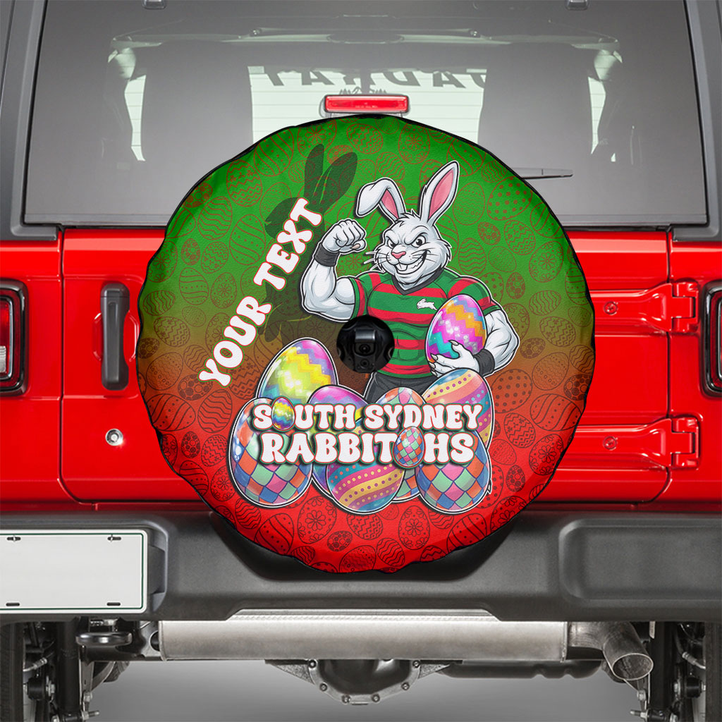 Personalized South Sydney Rabbitohs Spare Tire Cover Easter Mascot - Colorful Eggs Cartoon Style