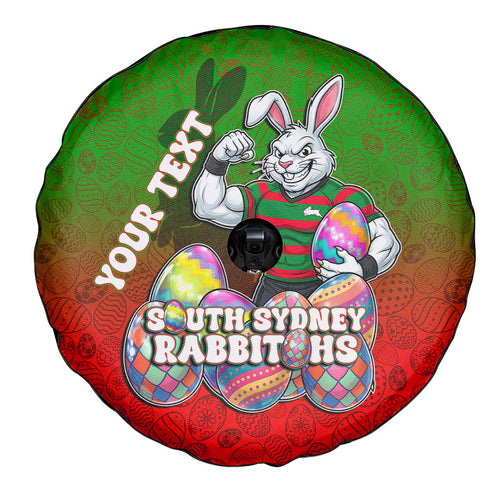 Personalized South Sydney Rabbitohs Spare Tire Cover Easter Mascot - Colorful Eggs Cartoon Style
