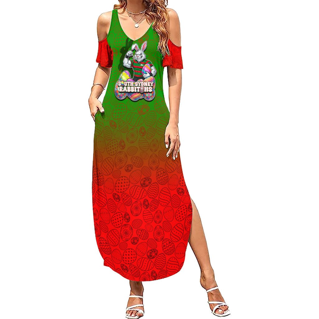 Personalized South Sydney Rabbitohs Summer Maxi Dress Easter Mascot - Colorful Eggs Cartoon Style