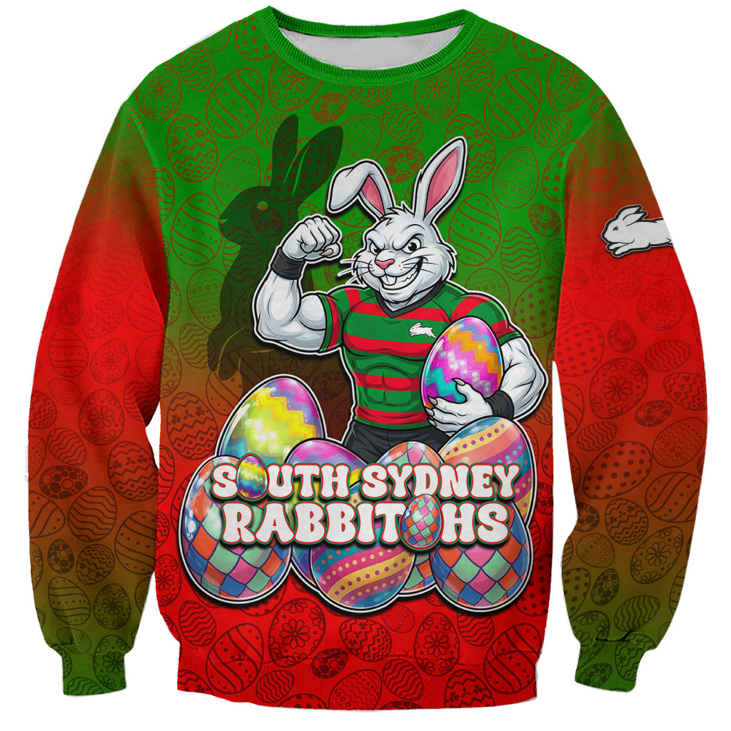 Personalized South Sydney Rabbitohs Sweatshirt Easter Mascot - Colorful Eggs Cartoon Style