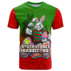 Personalized South Sydney Rabbitohs T Shirt Easter Mascot - Colorful Eggs Cartoon Style