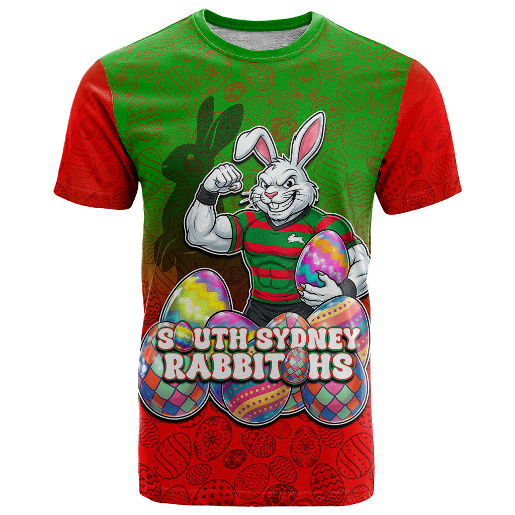 Personalized South Sydney Rabbitohs T Shirt Easter Mascot - Colorful Eggs Cartoon Style