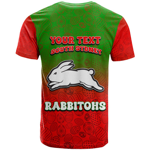 Personalized South Sydney Rabbitohs T Shirt Easter Mascot - Colorful Eggs Cartoon Style