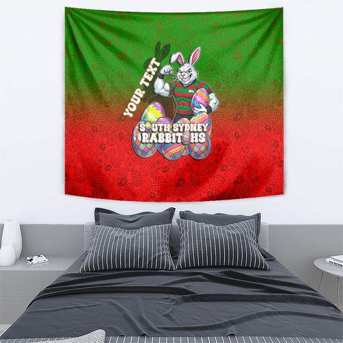 Personalized South Sydney Rabbitohs Tapestry Easter Mascot - Colorful Eggs Cartoon Style