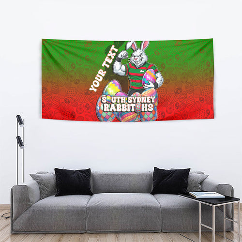 Personalized South Sydney Rabbitohs Tapestry Easter Mascot - Colorful Eggs Cartoon Style