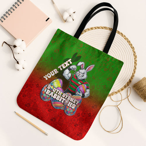 Personalized South Sydney Rabbitohs Tote Bag Easter Mascot - Colorful Eggs Cartoon Style