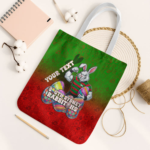 Personalized South Sydney Rabbitohs Tote Bag Easter Mascot - Colorful Eggs Cartoon Style