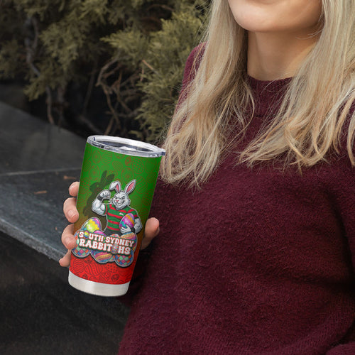 Personalized South Sydney Rabbitohs Tumbler Cup Easter Mascot - Colorful Eggs Cartoon Style