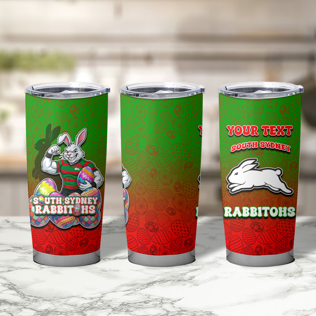 Personalized South Sydney Rabbitohs Tumbler Cup Easter Mascot - Colorful Eggs Cartoon Style