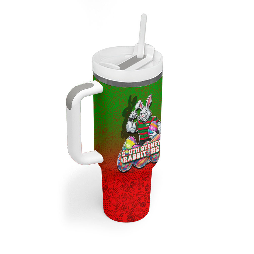 Personalized South Sydney Rabbitohs Tumbler With Handle Easter Mascot - Colorful Eggs Cartoon Style