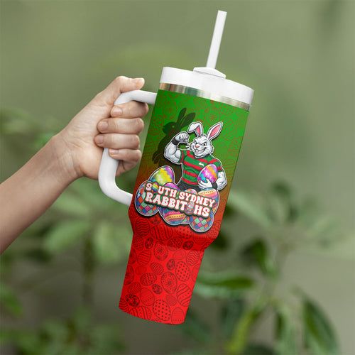 Personalized South Sydney Rabbitohs Tumbler With Handle Easter Mascot - Colorful Eggs Cartoon Style