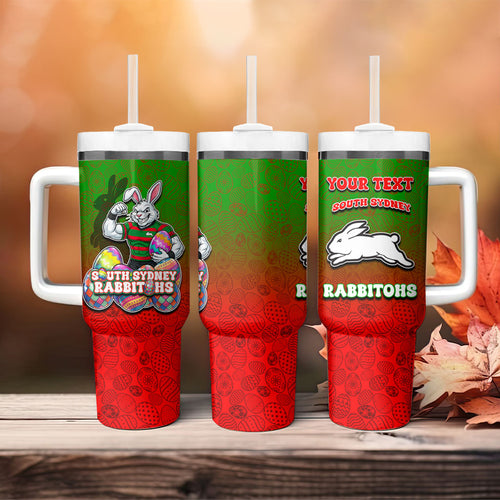Personalized South Sydney Rabbitohs Tumbler With Handle Easter Mascot - Colorful Eggs Cartoon Style