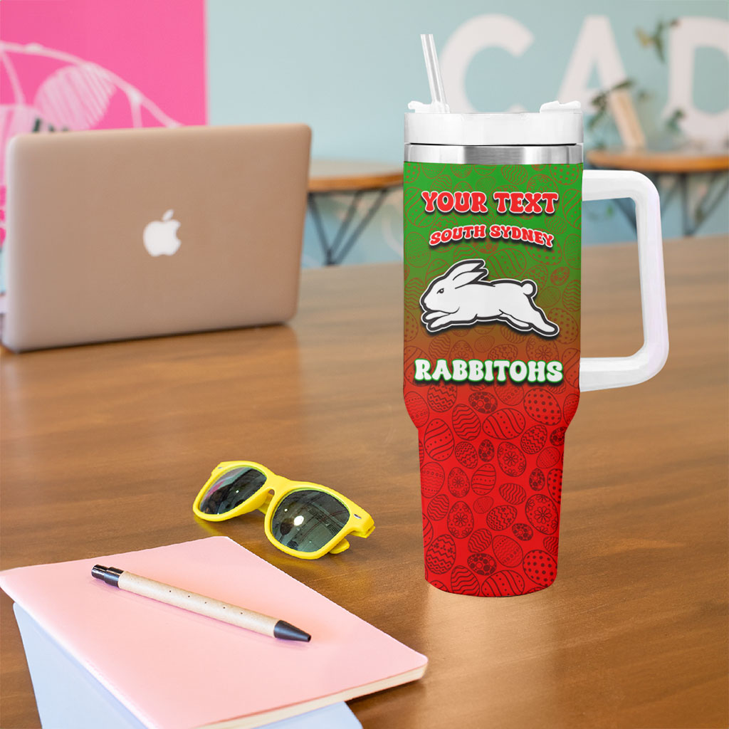 Personalized South Sydney Rabbitohs Tumbler With Handle Easter Mascot - Colorful Eggs Cartoon Style
