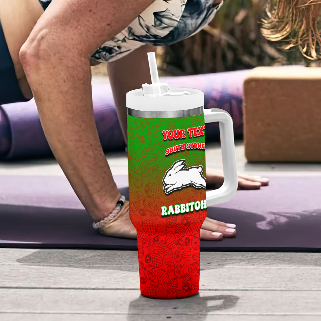 Personalized South Sydney Rabbitohs Tumbler With Handle Easter Mascot - Colorful Eggs Cartoon Style