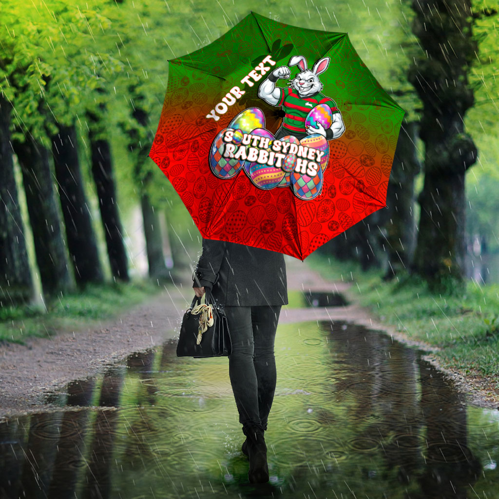 Personalized South Sydney Rabbitohs Umbrella Easter Mascot - Colorful Eggs Cartoon Style