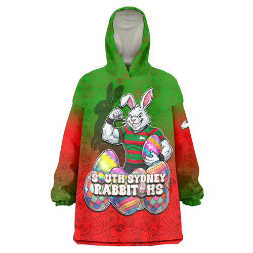 Personalized South Sydney Rabbitohs Wearable Blanket Hoodie Easter Mascot - Colorful Eggs Cartoon Style