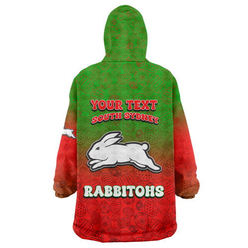 Personalized South Sydney Rabbitohs Wearable Blanket Hoodie Easter Mascot - Colorful Eggs Cartoon Style