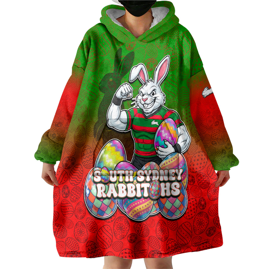 Personalized South Sydney Rabbitohs Wearable Blanket Hoodie Easter Mascot - Colorful Eggs Cartoon Style