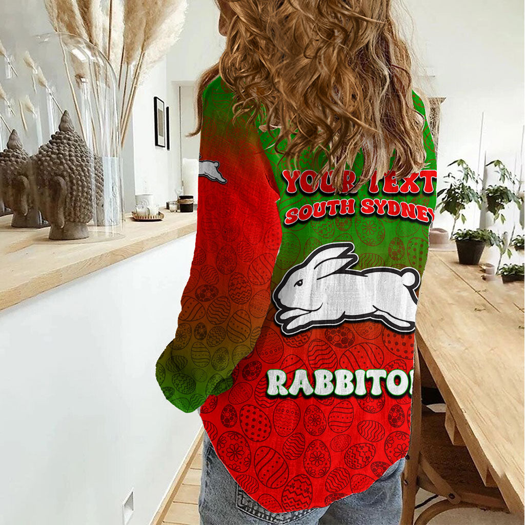 Personalized South Sydney Rabbitohs Women Casual Shirt Easter Mascot - Colorful Eggs Cartoon Style