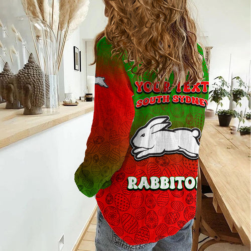 Personalized South Sydney Rabbitohs Women Casual Shirt Easter Mascot - Colorful Eggs Cartoon Style