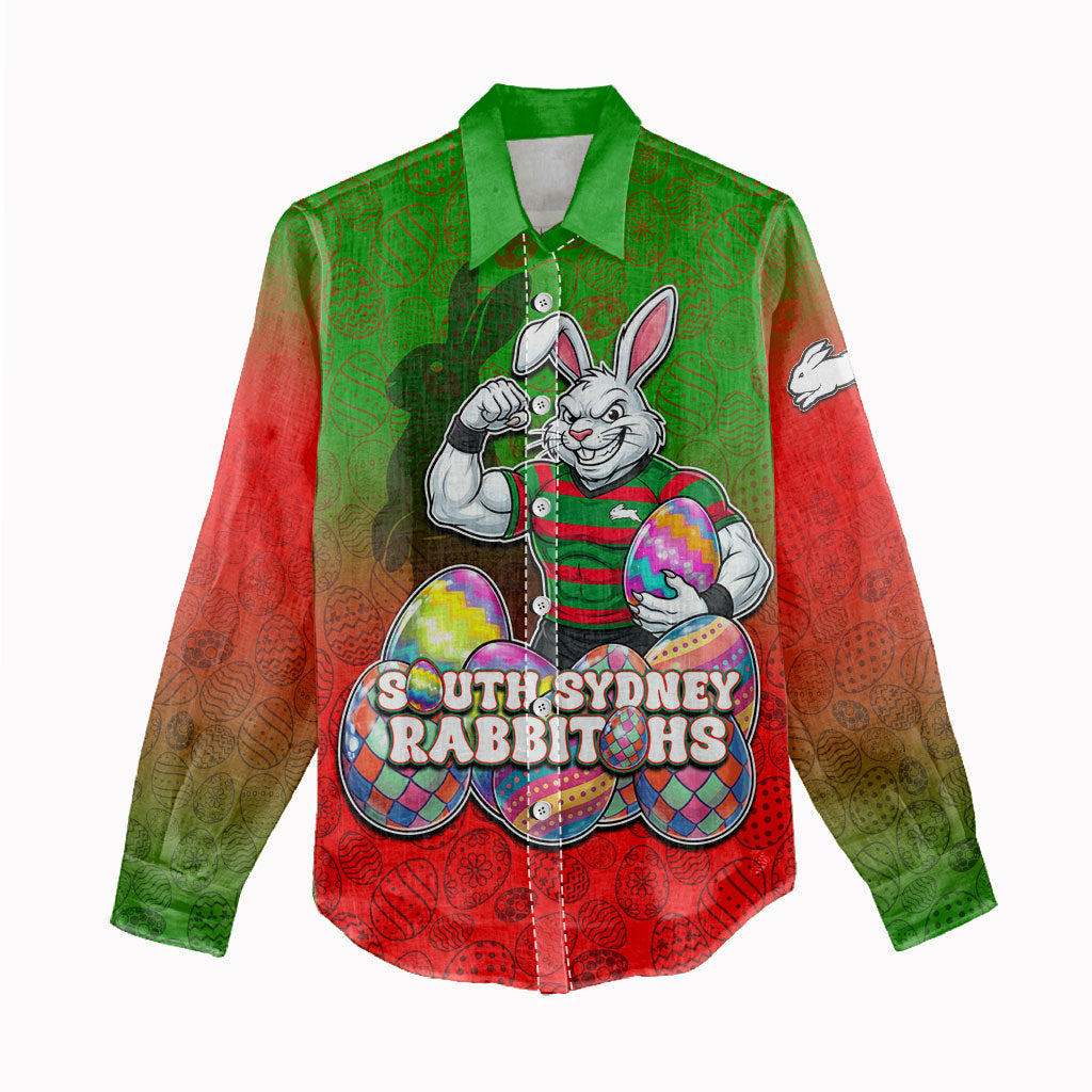 Personalized South Sydney Rabbitohs Women Casual Shirt Easter Mascot - Colorful Eggs Cartoon Style