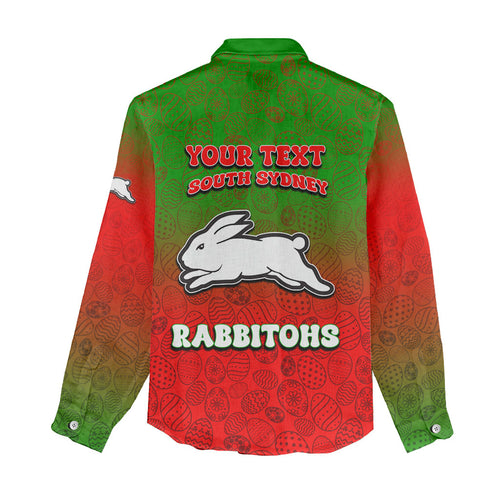 Personalized South Sydney Rabbitohs Women Casual Shirt Easter Mascot - Colorful Eggs Cartoon Style
