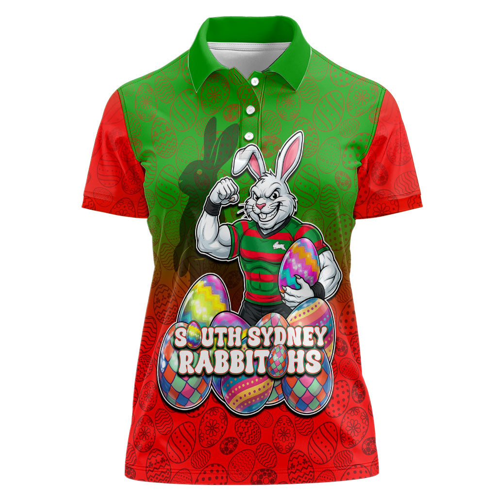 Personalized South Sydney Rabbitohs Women Polo Shirt Easter Mascot - Colorful Eggs Cartoon Style