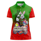 Personalized South Sydney Rabbitohs Women Polo Shirt Easter Mascot - Colorful Eggs Cartoon Style