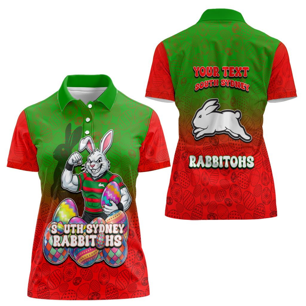 Personalized South Sydney Rabbitohs Women Polo Shirt Easter Mascot - Colorful Eggs Cartoon Style