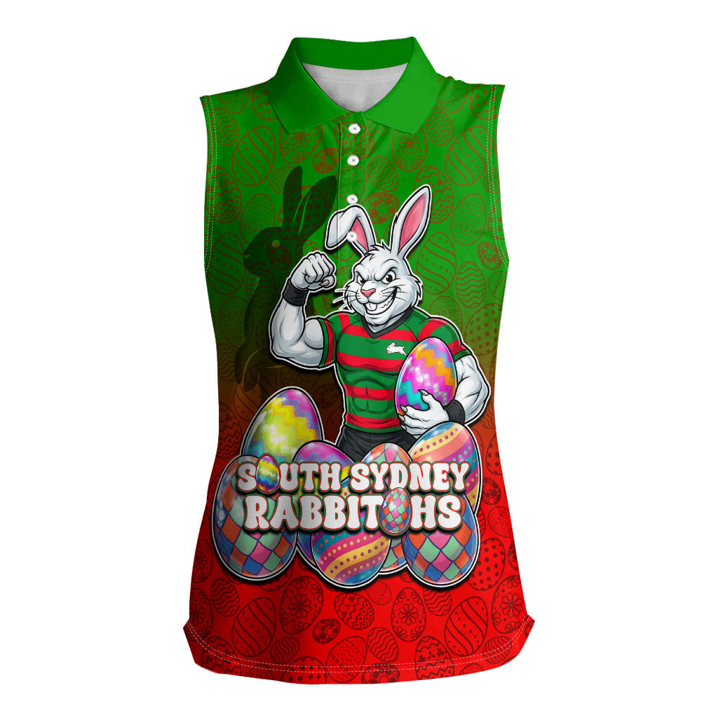 Personalized South Sydney Rabbitohs Women Sleeveless Polo Shirt Easter Mascot - Colorful Eggs Cartoon Style