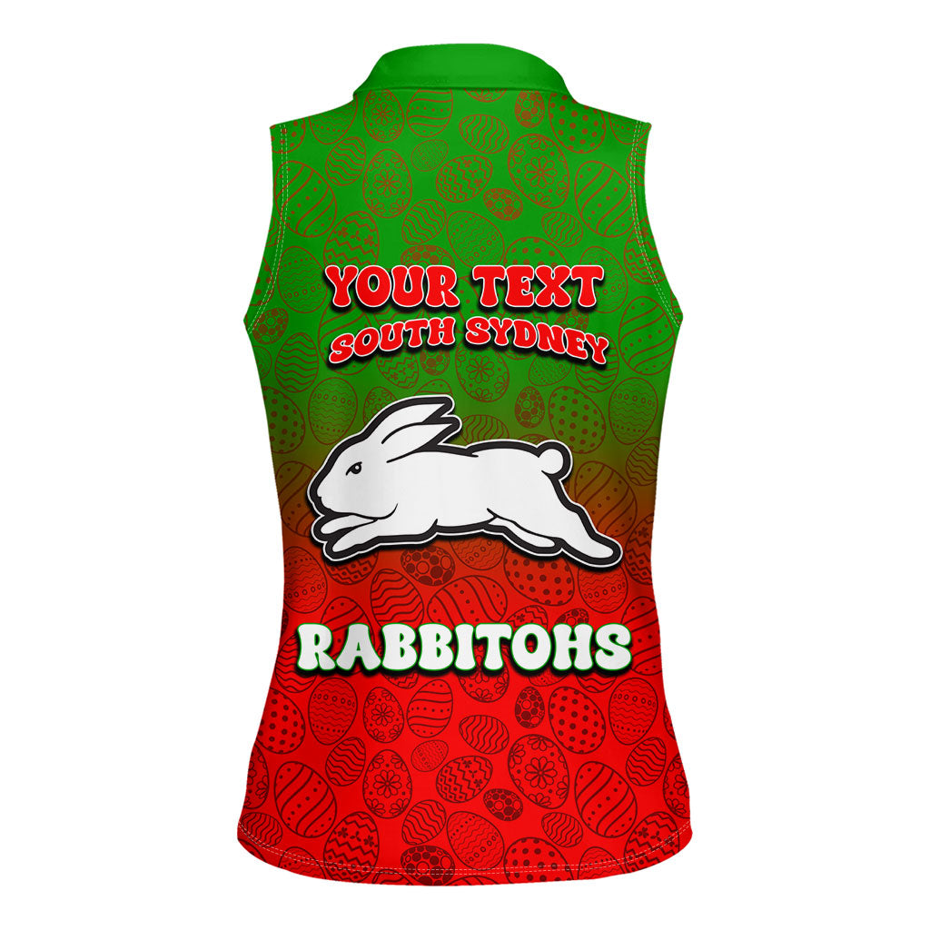 Personalized South Sydney Rabbitohs Women Sleeveless Polo Shirt Easter Mascot - Colorful Eggs Cartoon Style