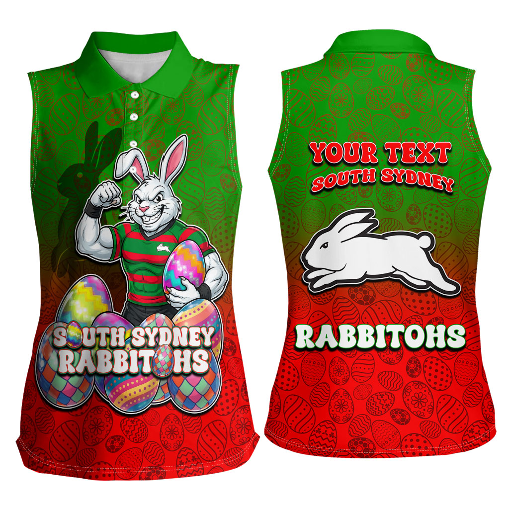Personalized South Sydney Rabbitohs Women Sleeveless Polo Shirt Easter Mascot - Colorful Eggs Cartoon Style