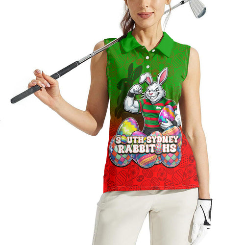 Personalized South Sydney Rabbitohs Women Sleeveless Polo Shirt Easter Mascot - Colorful Eggs Cartoon Style