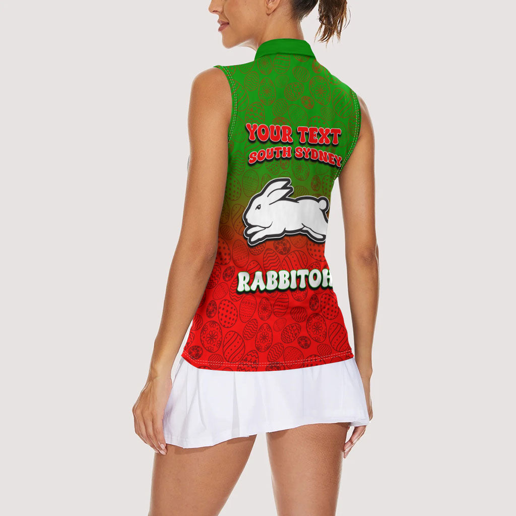 Personalized South Sydney Rabbitohs Women Sleeveless Polo Shirt Easter Mascot - Colorful Eggs Cartoon Style