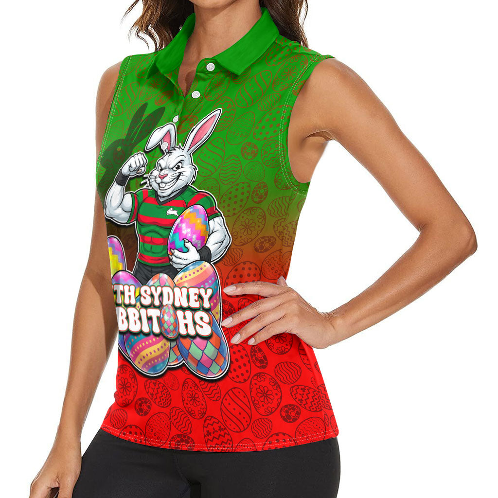 Personalized South Sydney Rabbitohs Women Sleeveless Polo Shirt Easter Mascot - Colorful Eggs Cartoon Style