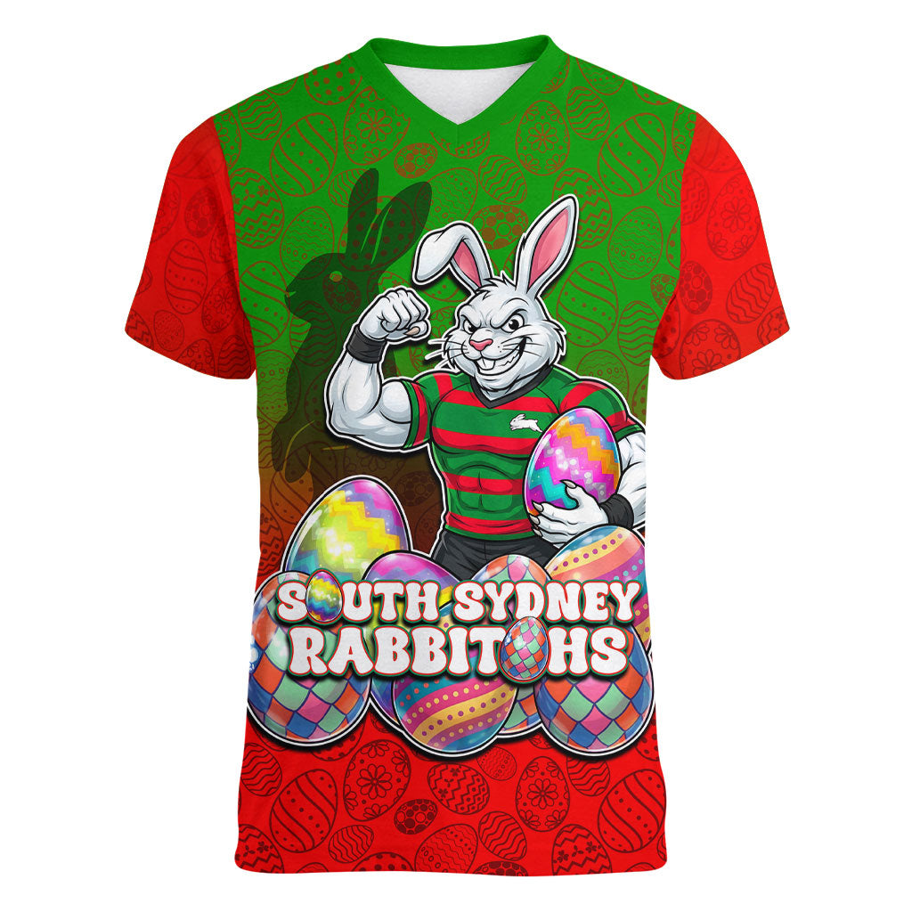 Personalized South Sydney Rabbitohs Women V-Neck T-Shirt Easter Mascot - Colorful Eggs Cartoon Style