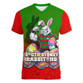 Personalized South Sydney Rabbitohs Women V-Neck T-Shirt Easter Mascot - Colorful Eggs Cartoon Style