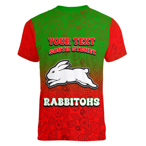 Personalized South Sydney Rabbitohs Women V-Neck T-Shirt Easter Mascot - Colorful Eggs Cartoon Style