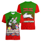 Personalized South Sydney Rabbitohs Women V-Neck T-Shirt Easter Mascot - Colorful Eggs Cartoon Style