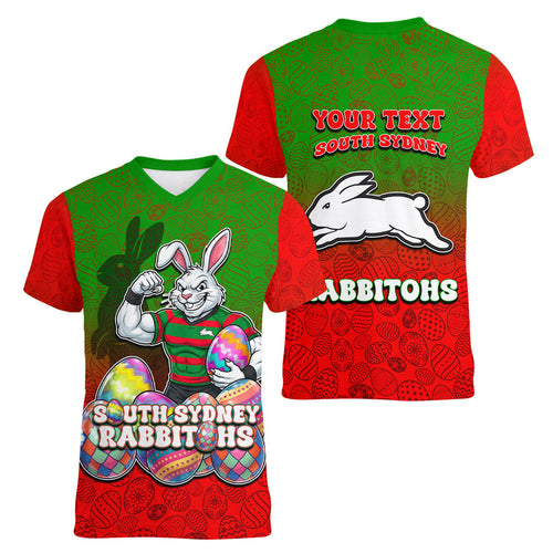 Personalized South Sydney Rabbitohs Women V-Neck T-Shirt Easter Mascot - Colorful Eggs Cartoon Style